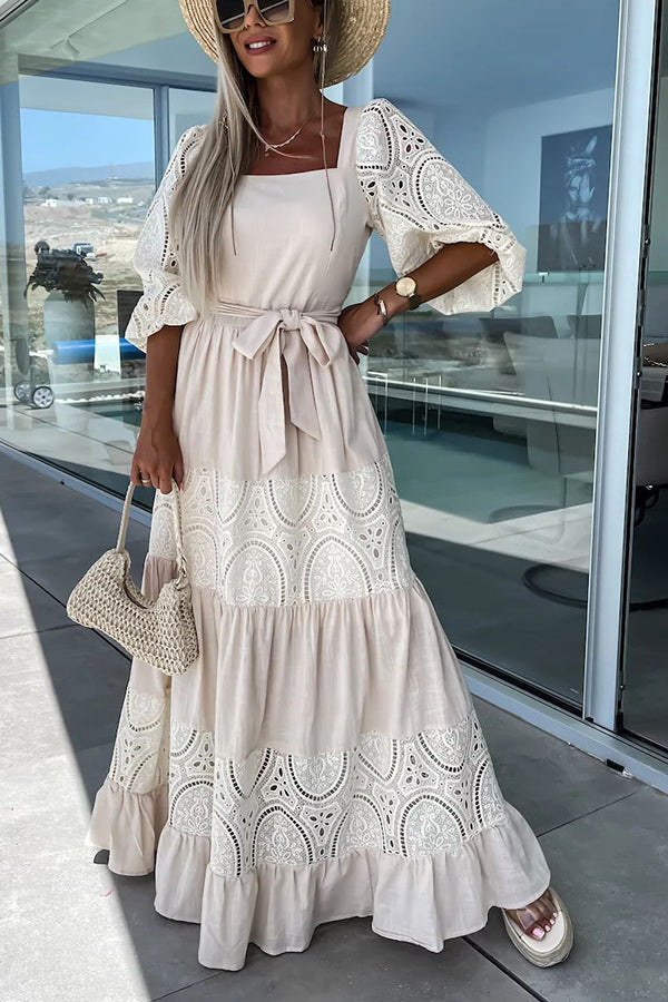 Yvonne Crochet Lace Patchwork Belted Puff Sleeve Maxi Dress