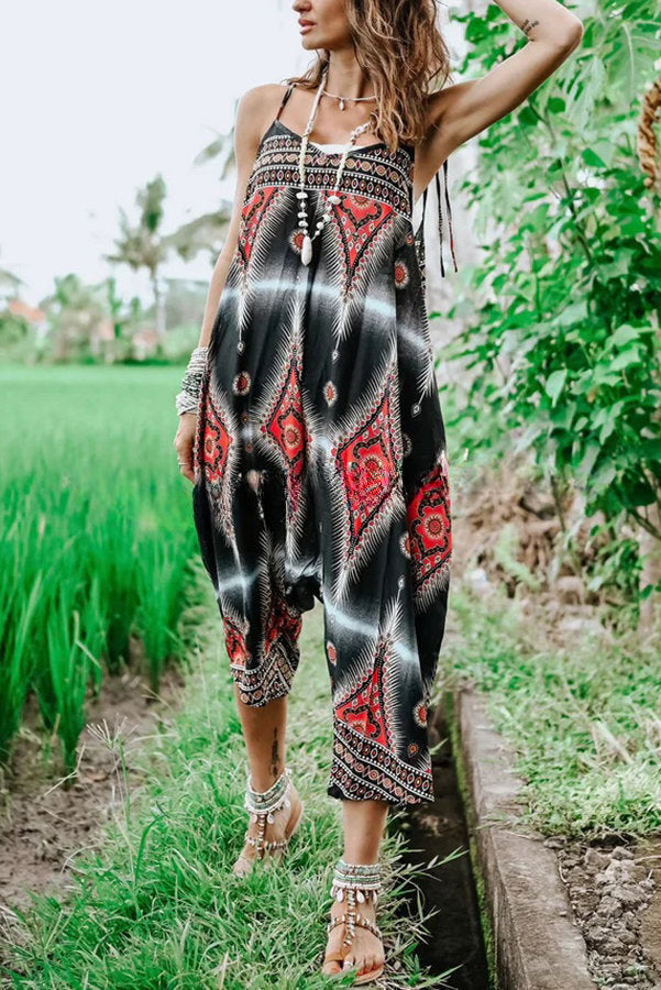 Free Spirit Boho Ethnic Print Loose Dungaree Jumpsuit