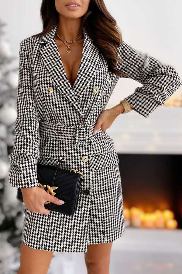 Christmas Check Belted Double Breasted Pocket Mini Dress