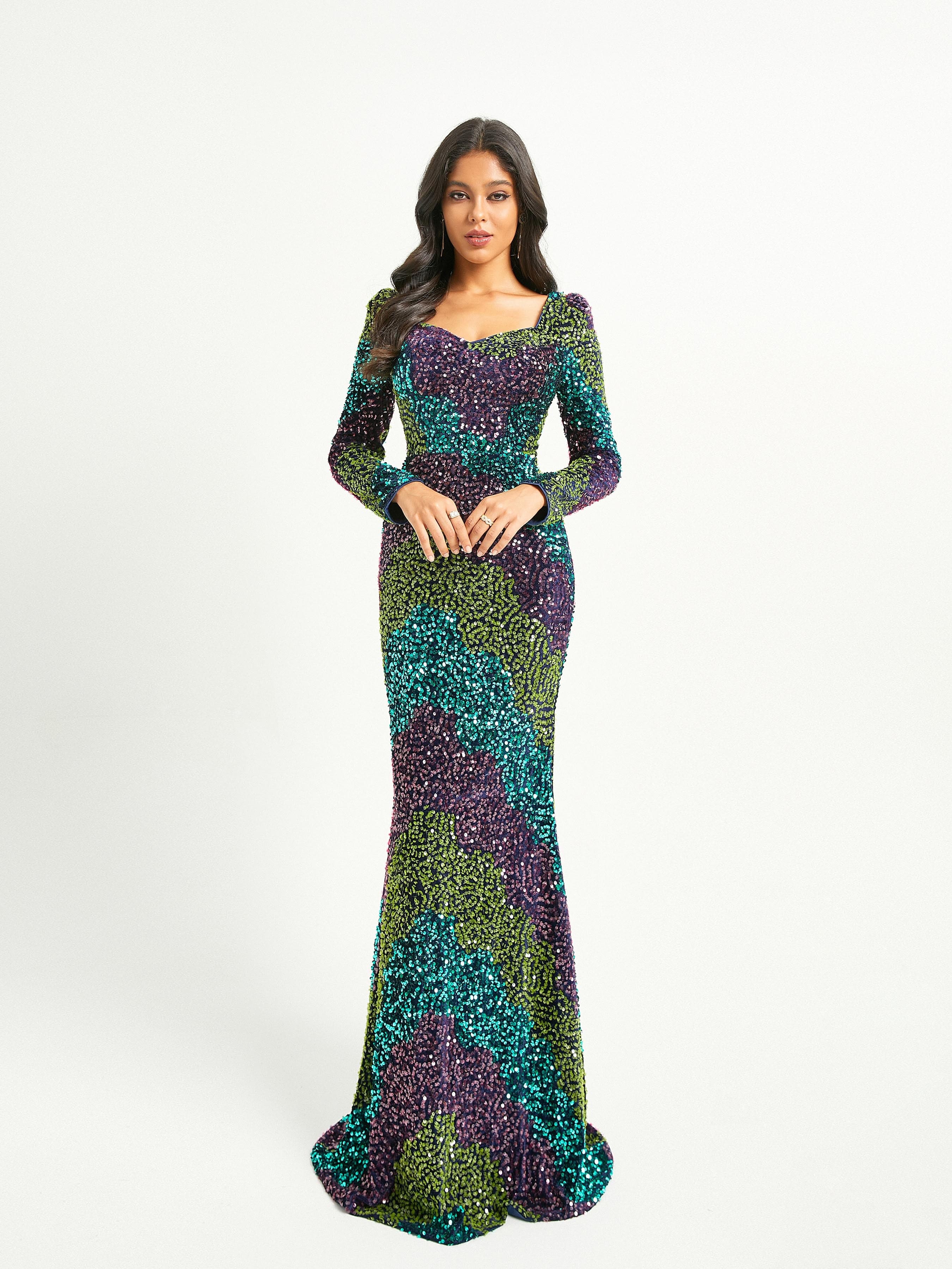 Square Neck Multicolor Sequin Mermaid Evening Dress RJ10740