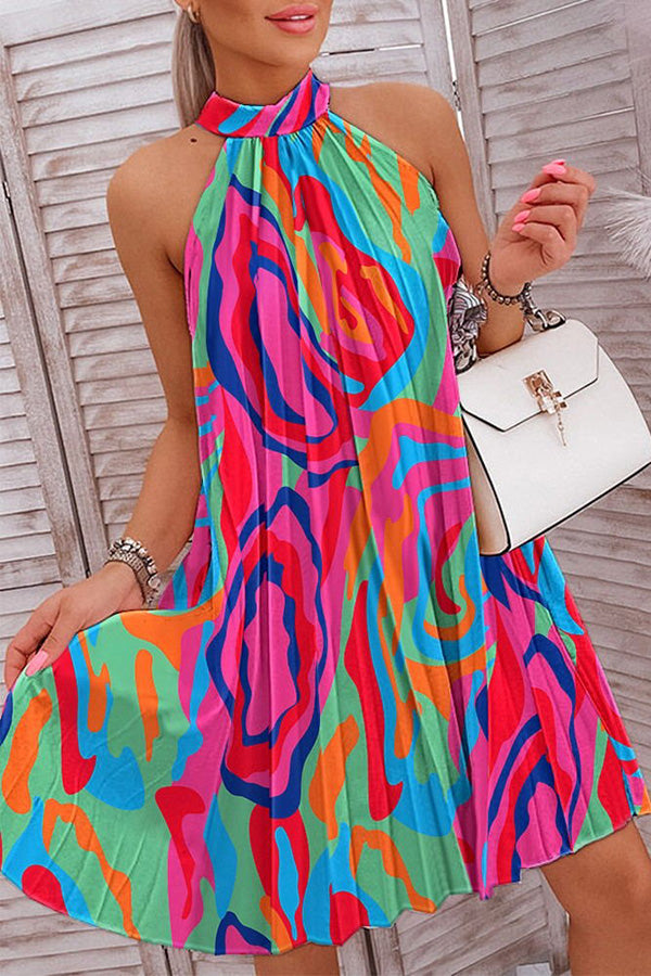 The Violette Abstract Print Halter Pleated Dress