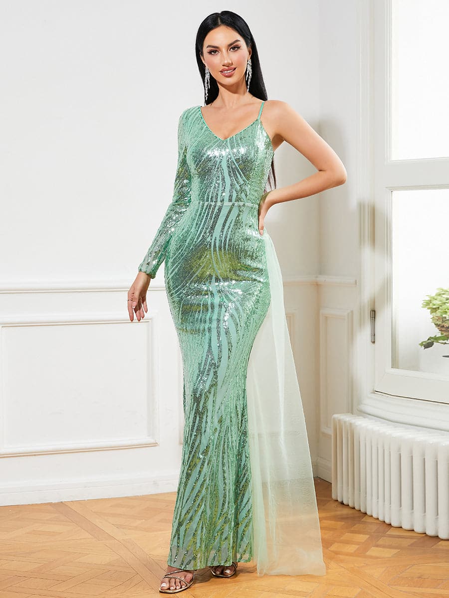 One Shoulder Sequins Draped Green Evening Dress XJ2306