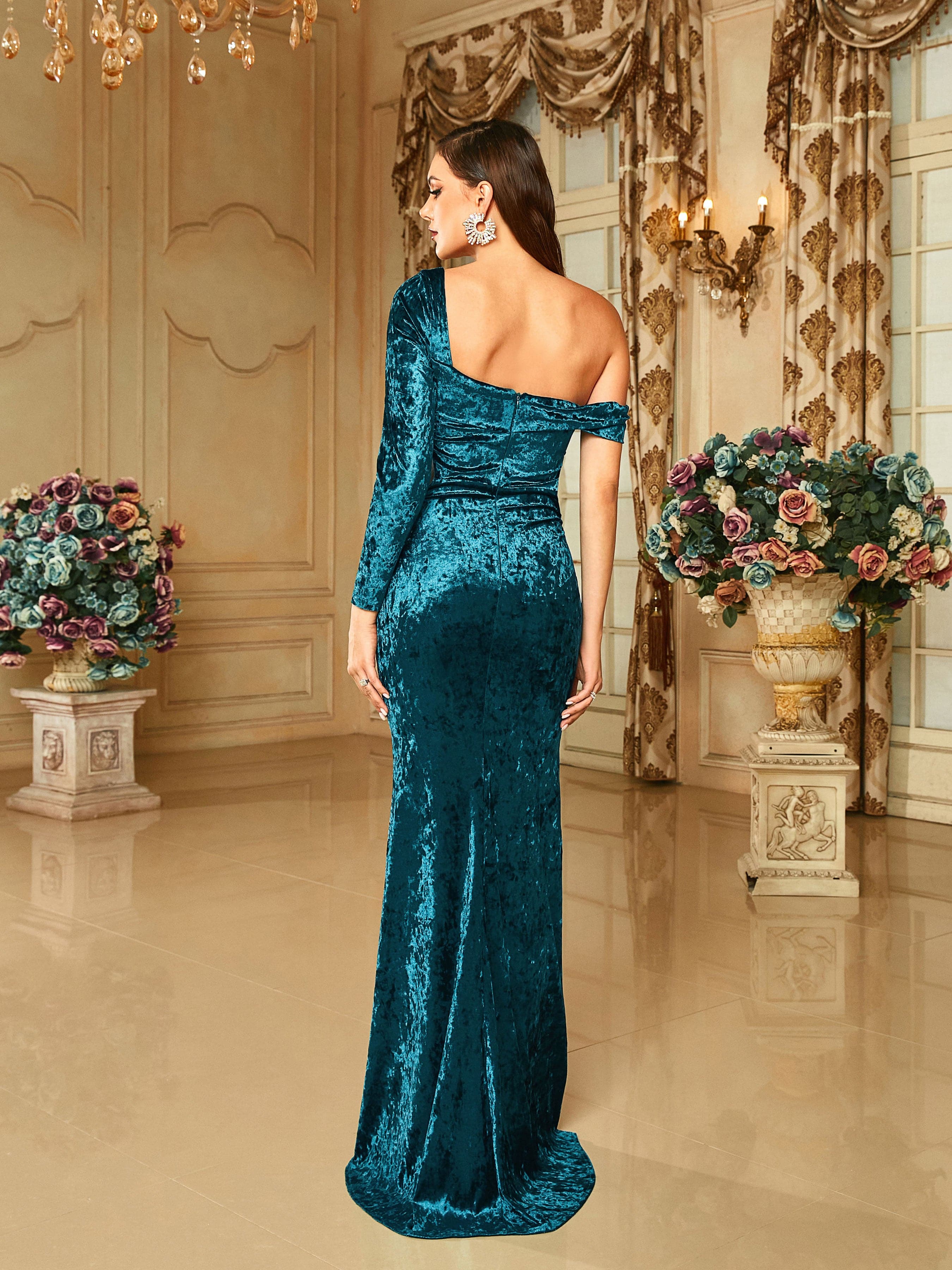 One Shoulder Velvet Cutout Mermaid Green Evening Dress RA60102