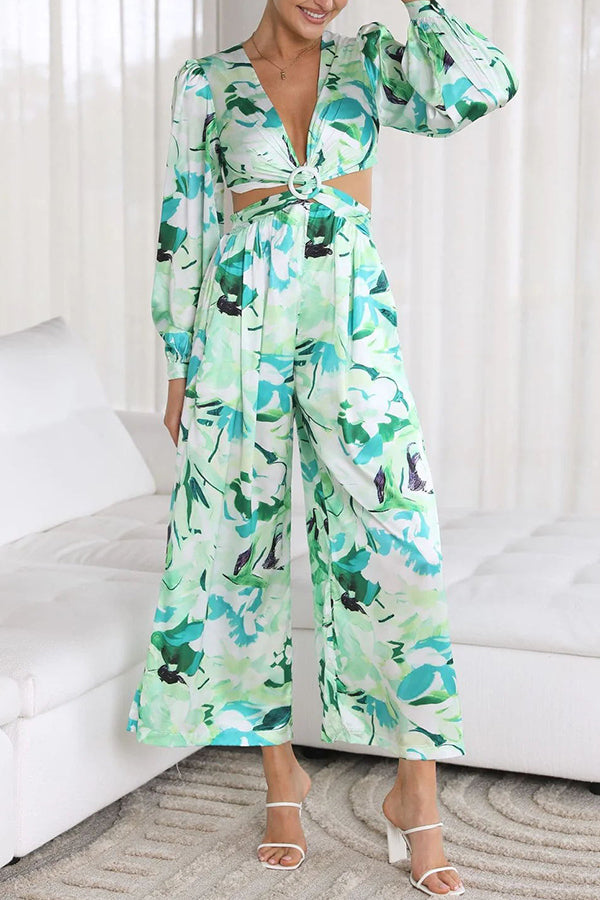 Inspiring Sights Floral Cutout Waist Pocketed Jumpsuit