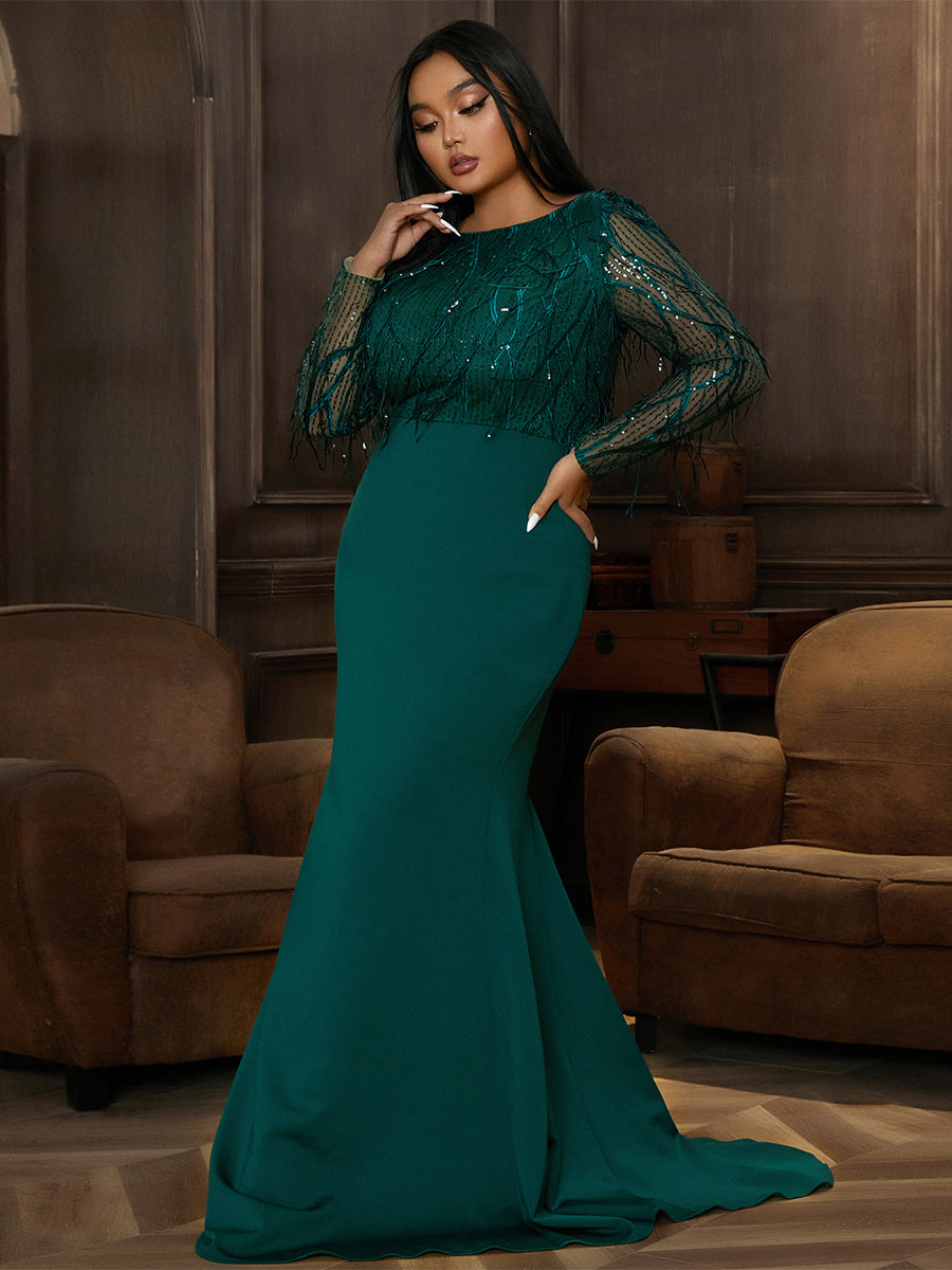 Long Sleeve Fringed Sequin Green Evening Dress PJMT1103