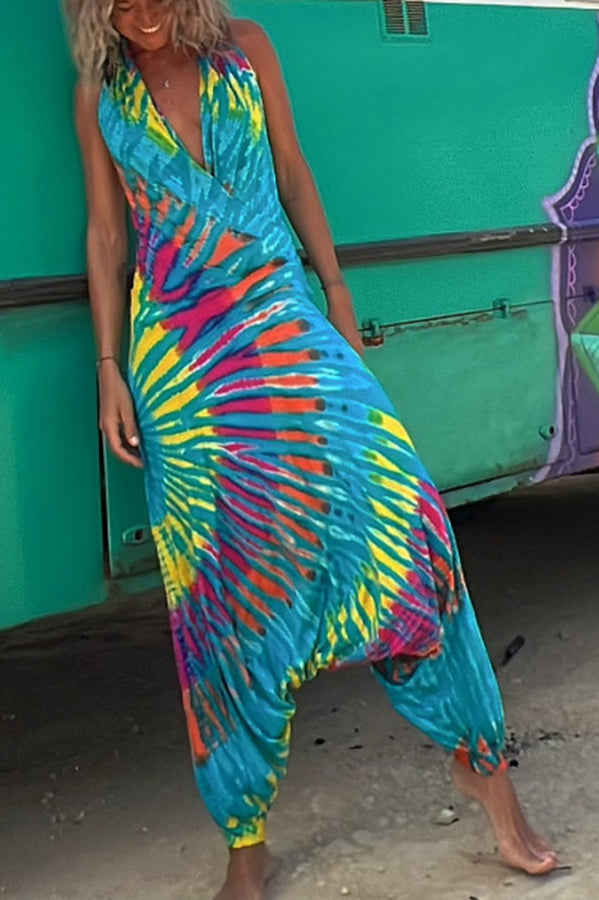 My Own Rhythm Tie-dye Print Halter Stretch Jumpsuit