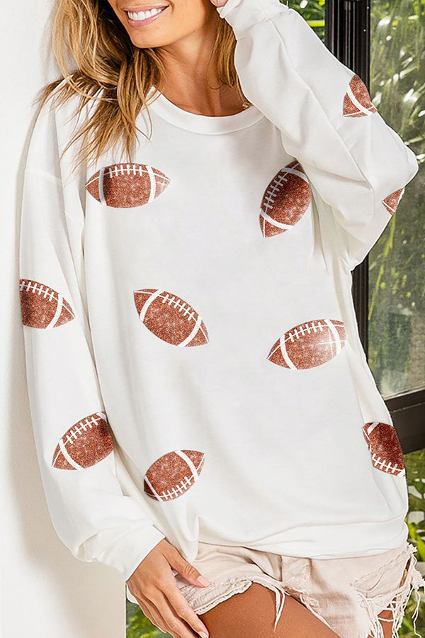 Sequin Rugby Design Round Neck Loose Sweatshirt