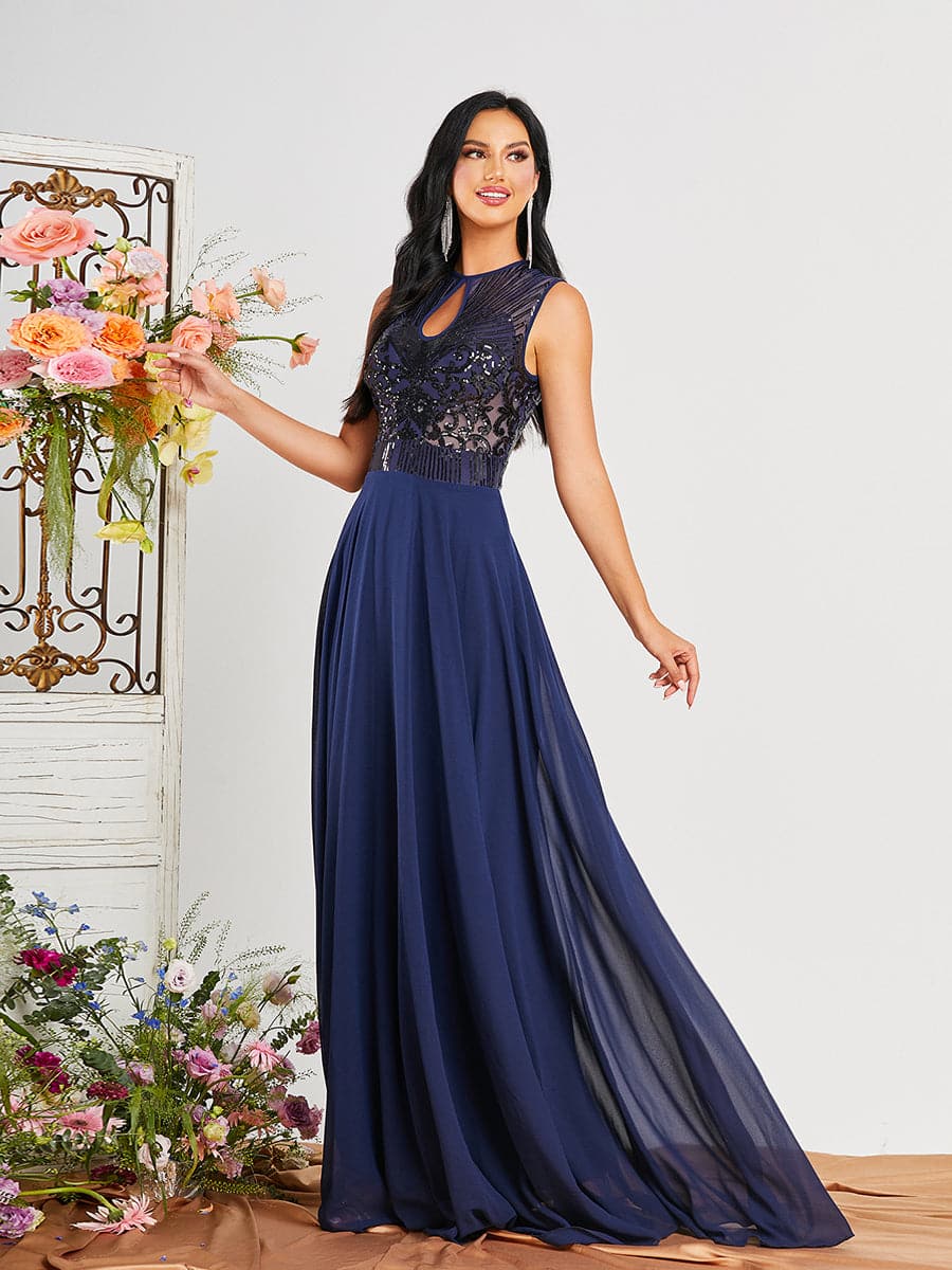 A-Line Sleeveless Panel Chiffon Blue Maxi Prom Dress RM20393