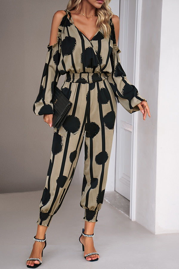 Graphic Print Stretch Waist Tie Long Sleeve Jumpsuit