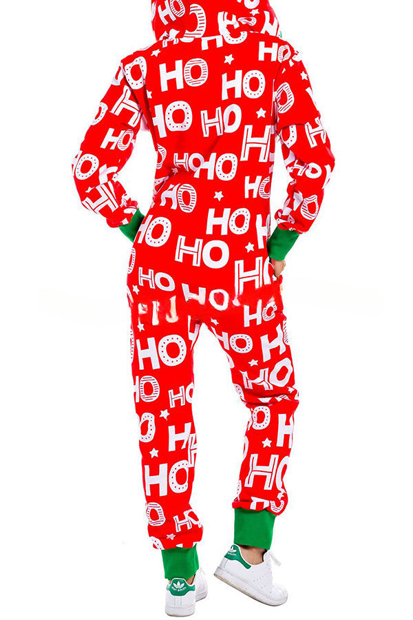 Christmas Print Zipper Pocketed Hooded Loungewear Jumpsuit