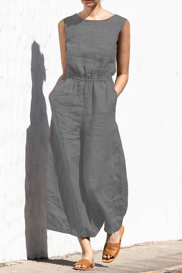 Fern Linen Blend Pocketed Button Back Elastic Waist Jumpsuit