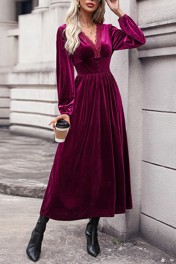 Lace Paneled Buttoned High Waist Pleated Velvet Dress