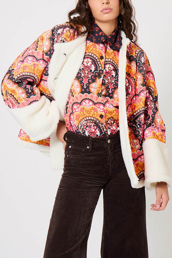 Cute Vintage Print Fleece Quilted Oversize Kimono Jacket