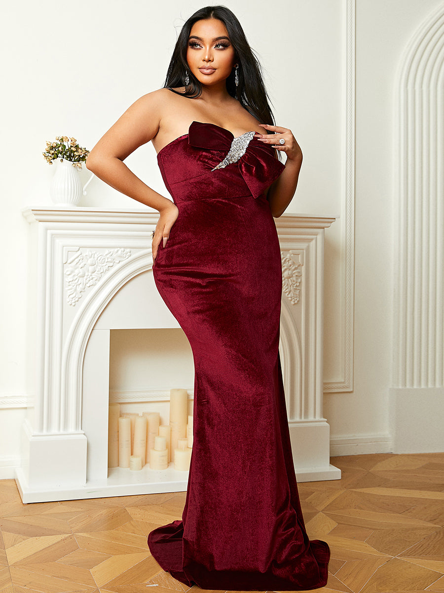 Plus Size Formal StraplessWine Velvet Curve Mermaid Evening Dress PJM099L