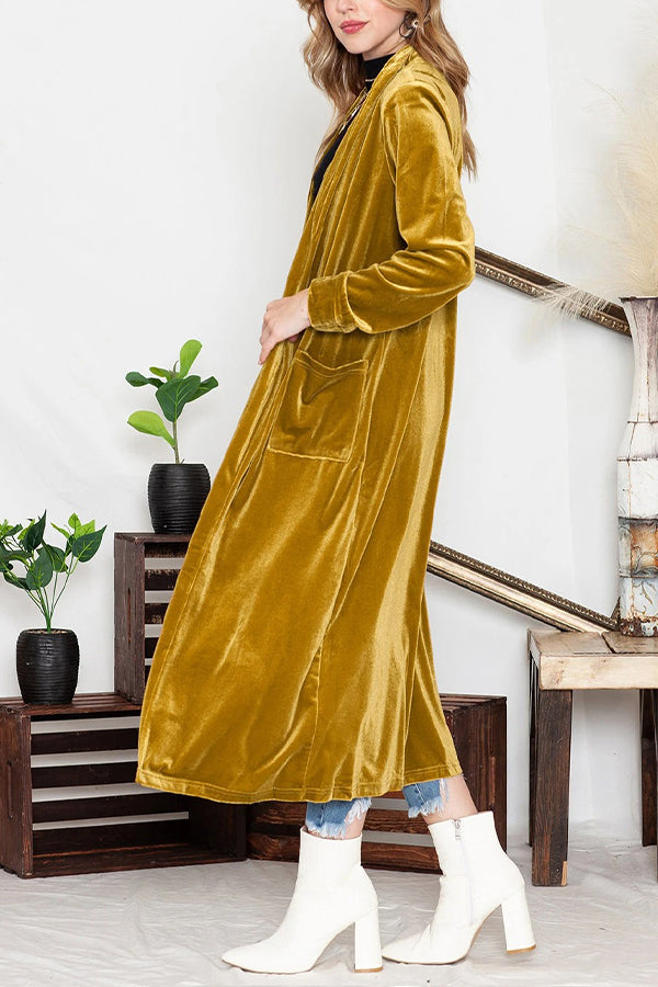 Yellow Velvet Elegant Open Front Pocket Long Cardigan