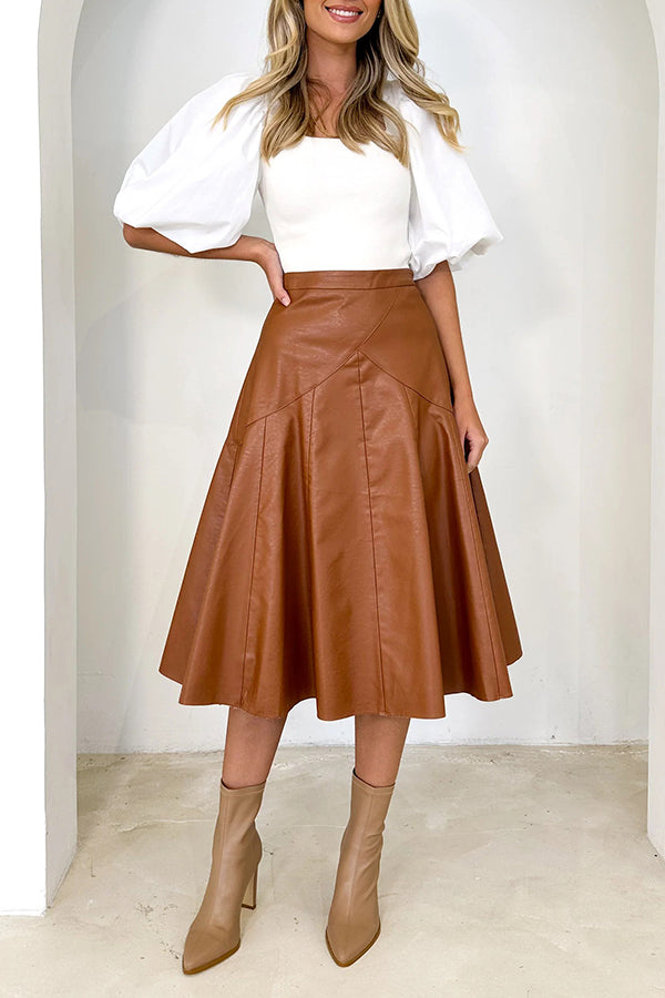 The Karina Faux Leather High Waist Swing Midi  Skirt