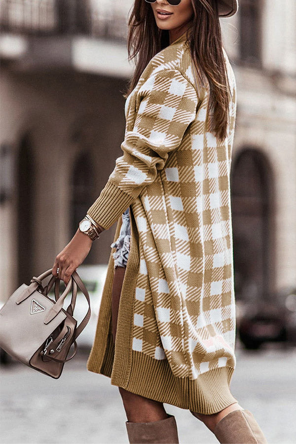 Khaki Plaid Ribbed Contrast Open Front Long Cardigan