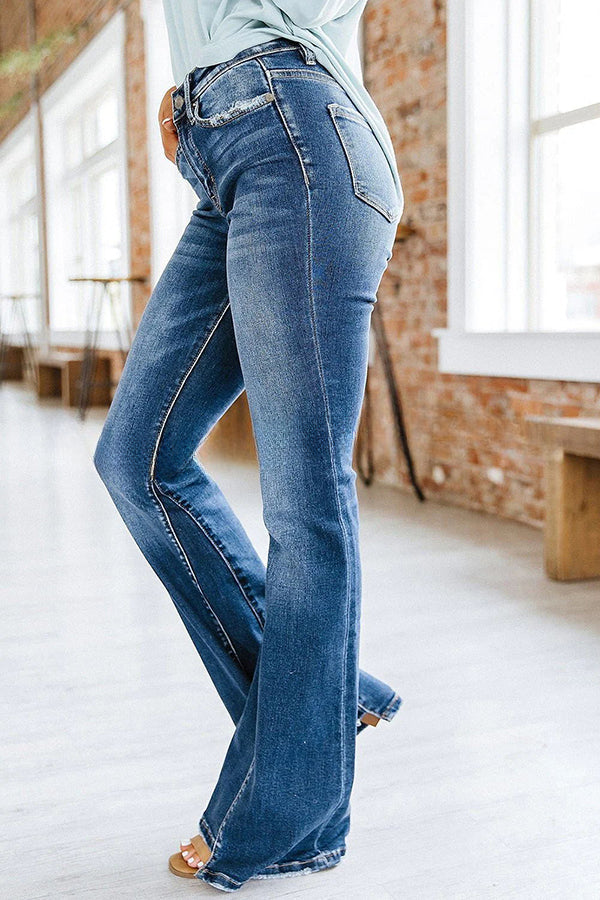 Washed High Rise Pocket Button Wide Leg Jeans