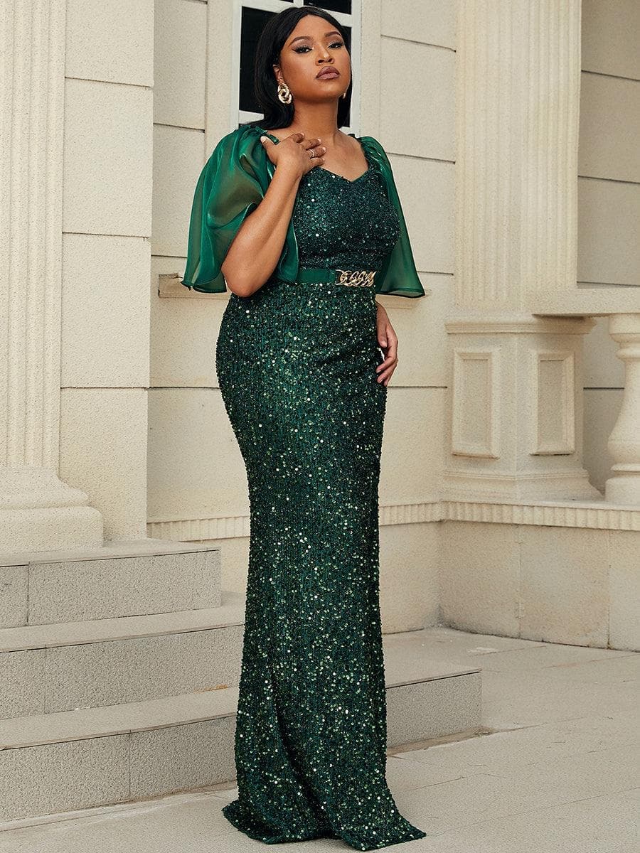 Plus Size Mesh Sleeve Sequin Emerald Green Mermaid Formal Dress PXL007