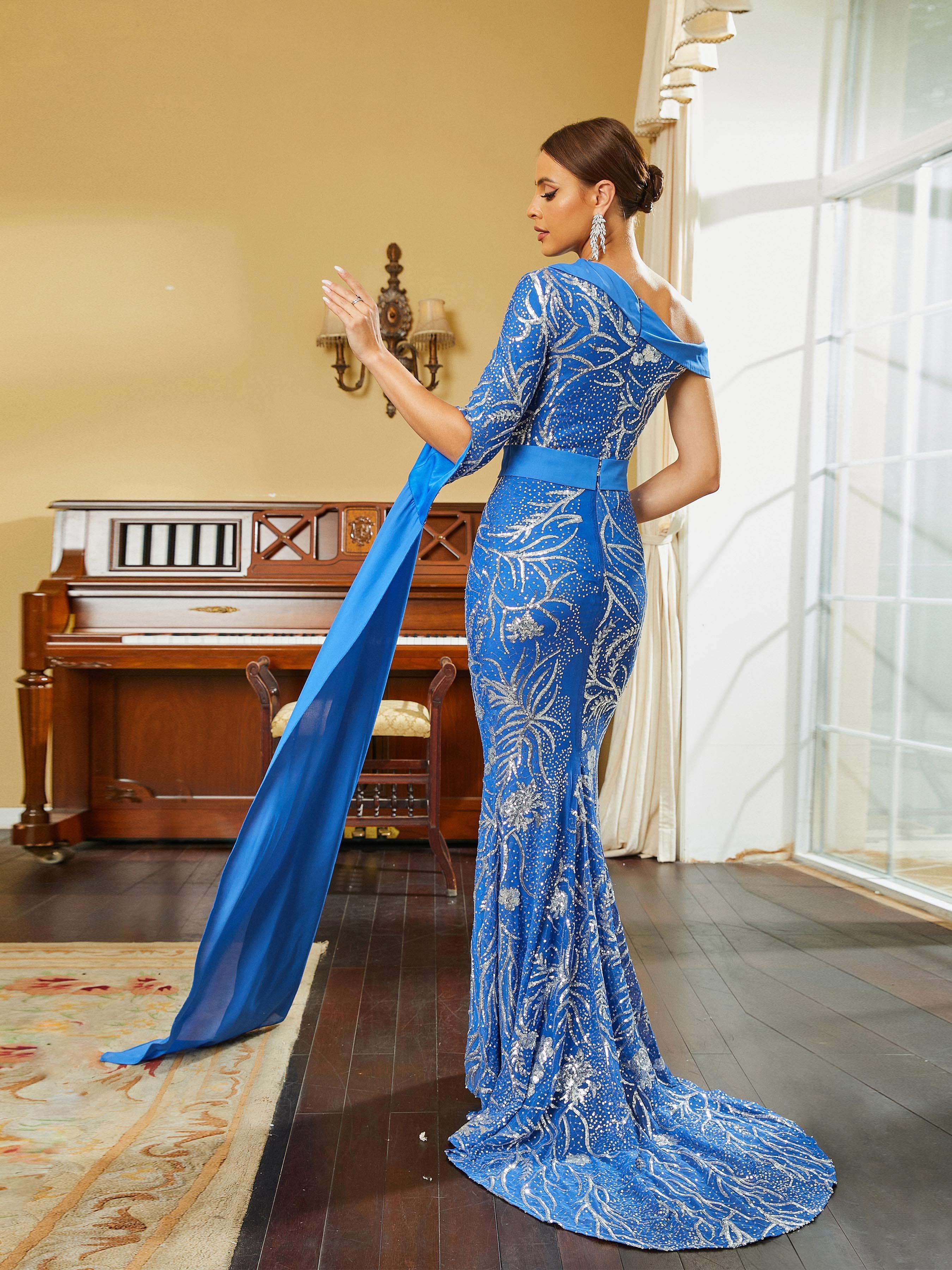 Mermaid Draped Sleeve Sequin Blue Evening Dress RM20331