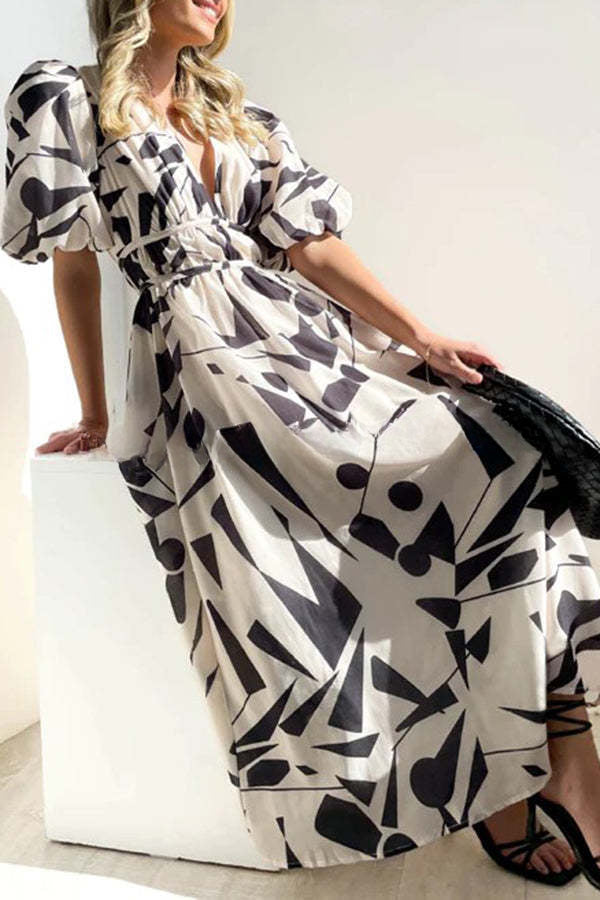 V Neck Multi Print Stretch Waist Hidden Zip Maxi Dress