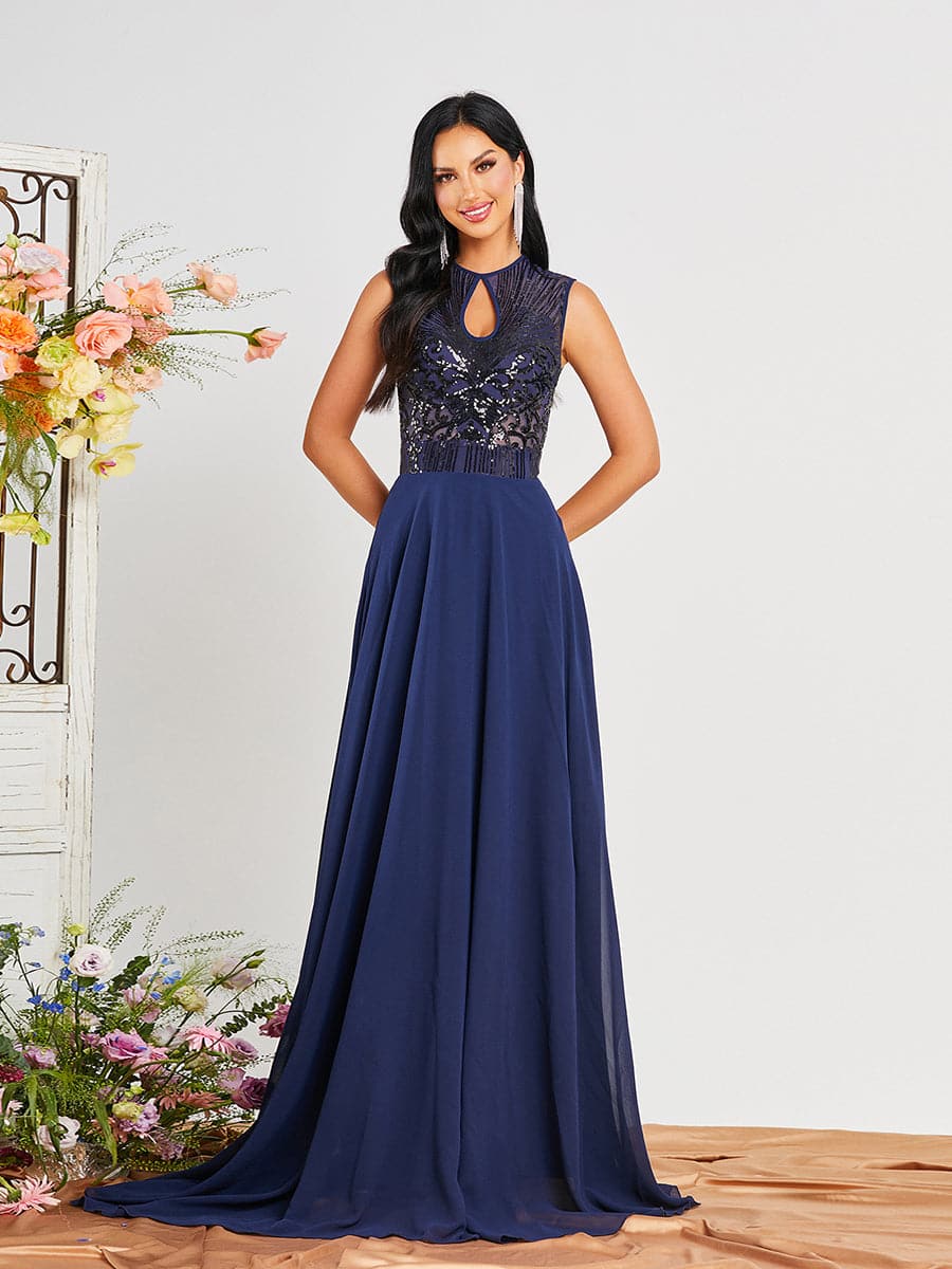 A-Line Sleeveless Panel Chiffon Blue Maxi Prom Dress RM20393