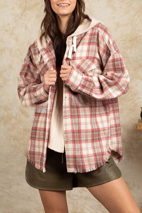 Hoiud Large Pocket Single Breasted Hooded Plaid Shirt