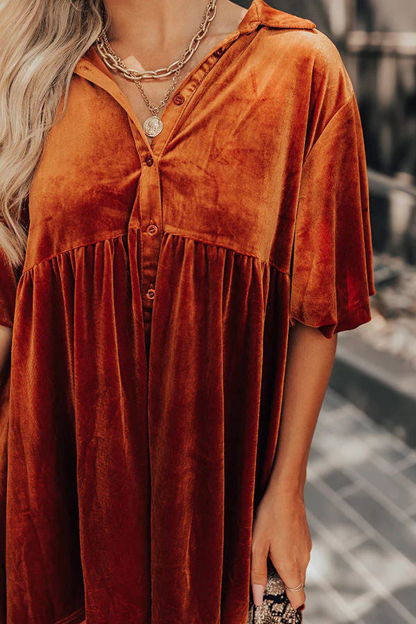 Maple Latte Velvet Button Tunic Mini Dress