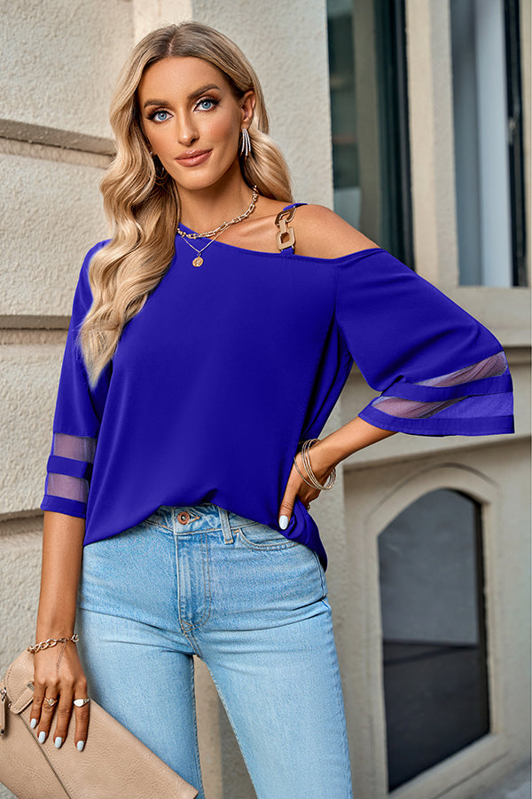 Judith Metal Buckle One Shoulder Mesh Sleeve Blouse