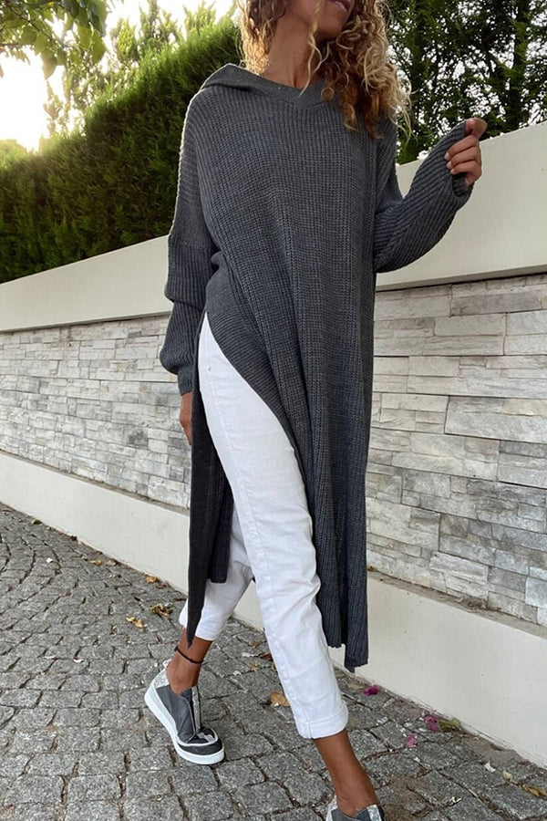 Comfortable Urban Style Hooded Side Slit Loose Midi Sweater