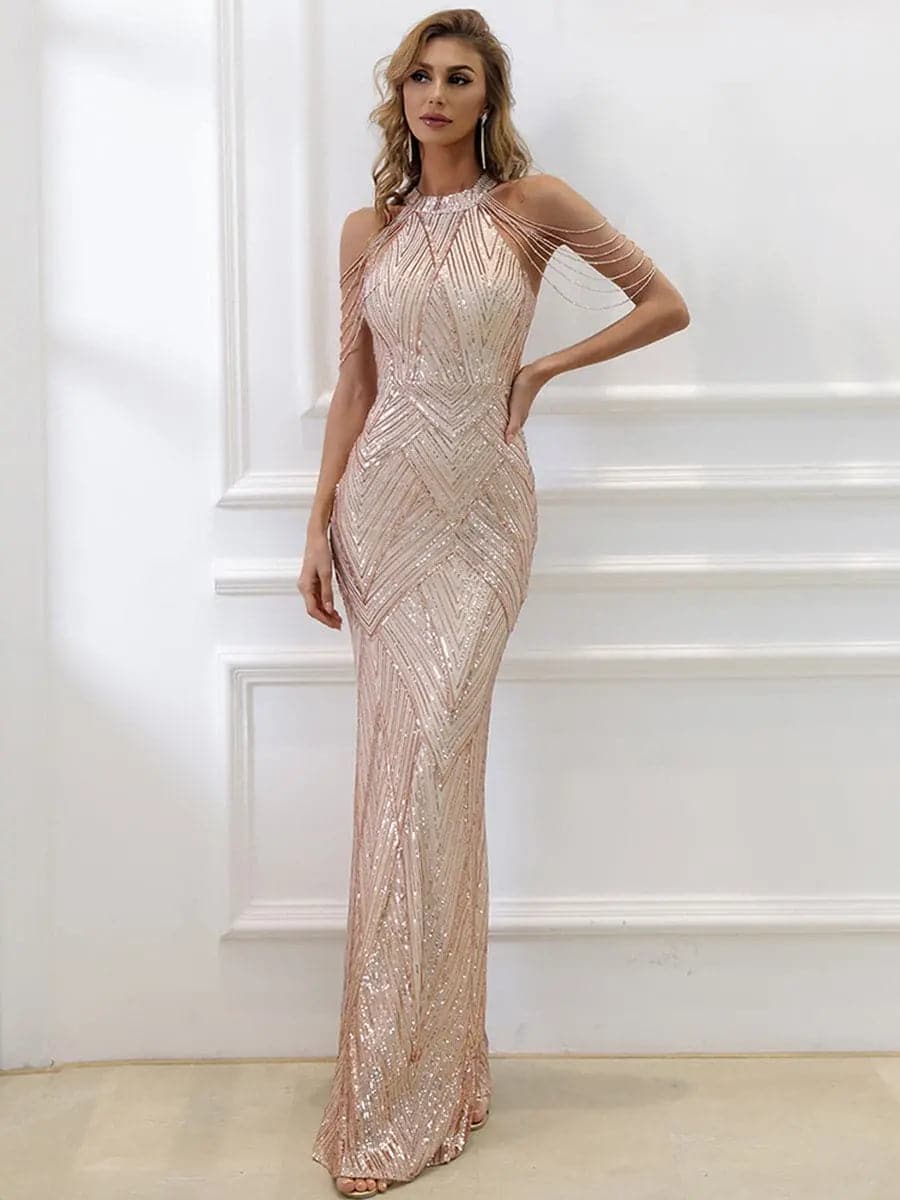 Cold Shoulder Beads Chain Elegant Gold Sequin Prom Dress M01081