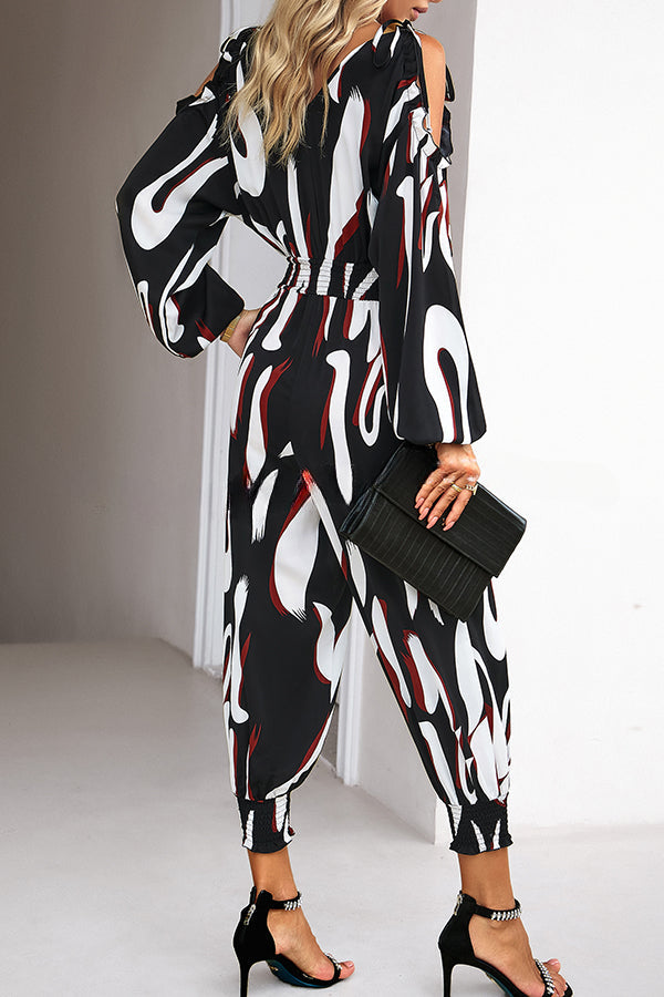 Graphic Print Stretch Waist Tie Long Sleeve Jumpsuit