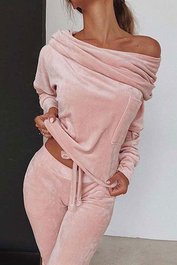 Comfy and Chic Velour Off Shoulder Pants Suit