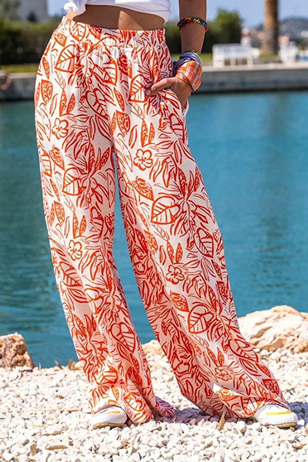 Printed trousers Wide-leg pants Diagonal pocket casual pants