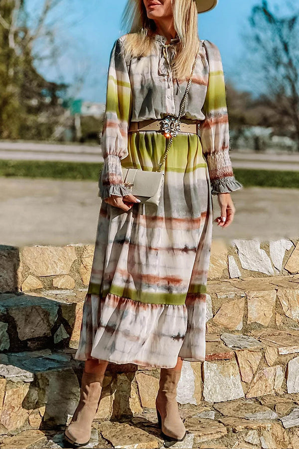 Multicolor Lace Up Tie-dye Print Long Shirt Dress