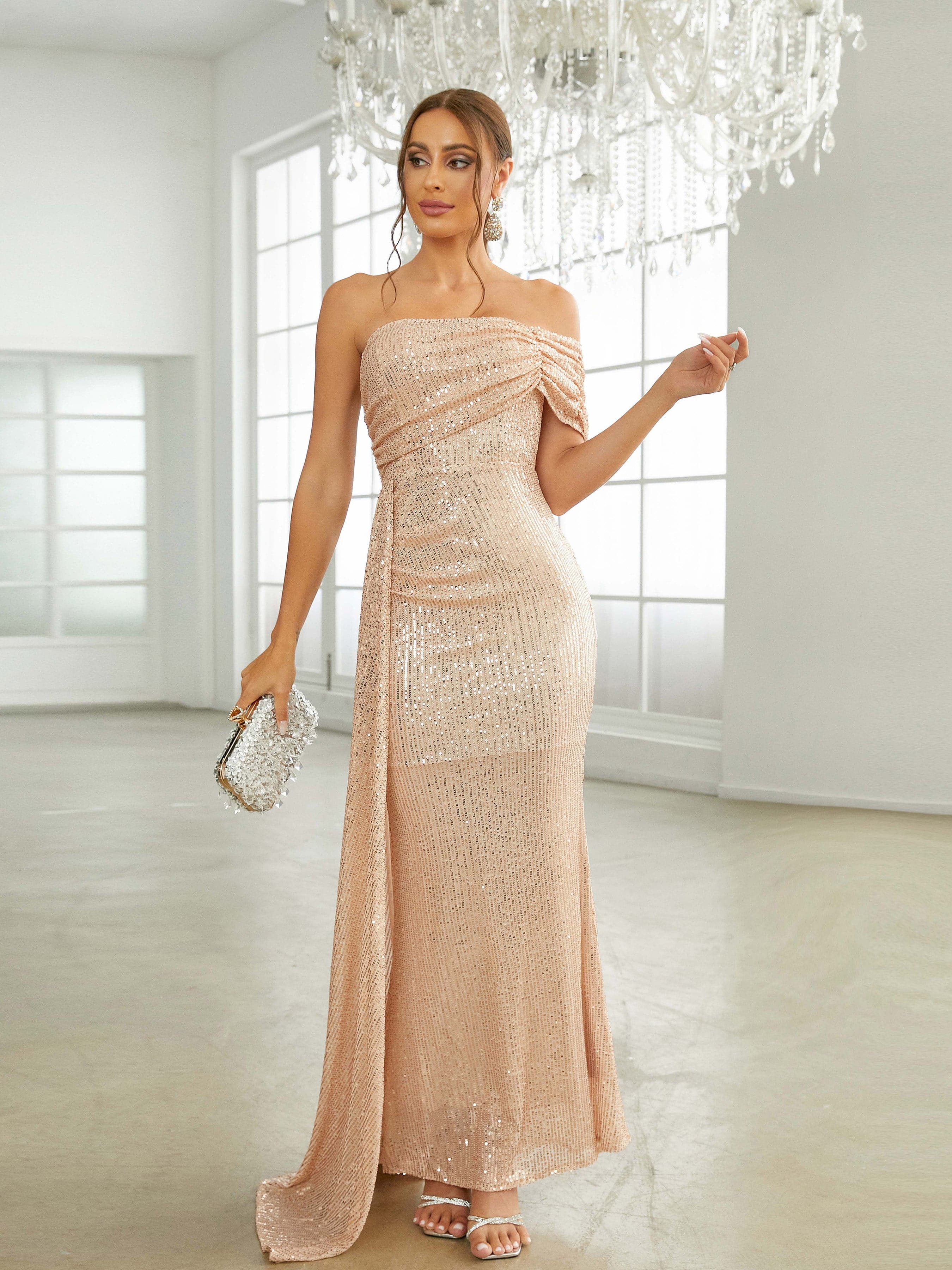 Off Shoulder Draped Sequin Gold Formal Dress M02300