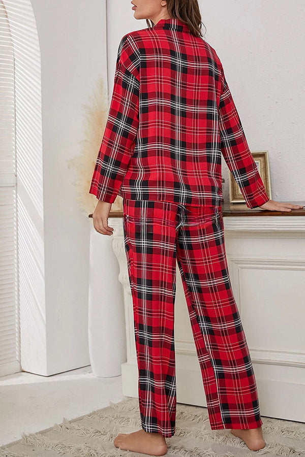 Christmas Plaid Print Pocket Button Pajama Set