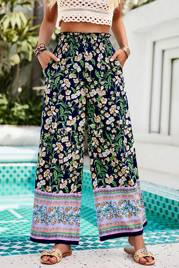 Floral Print Stretch Waist Pocket Wide Leg Pants