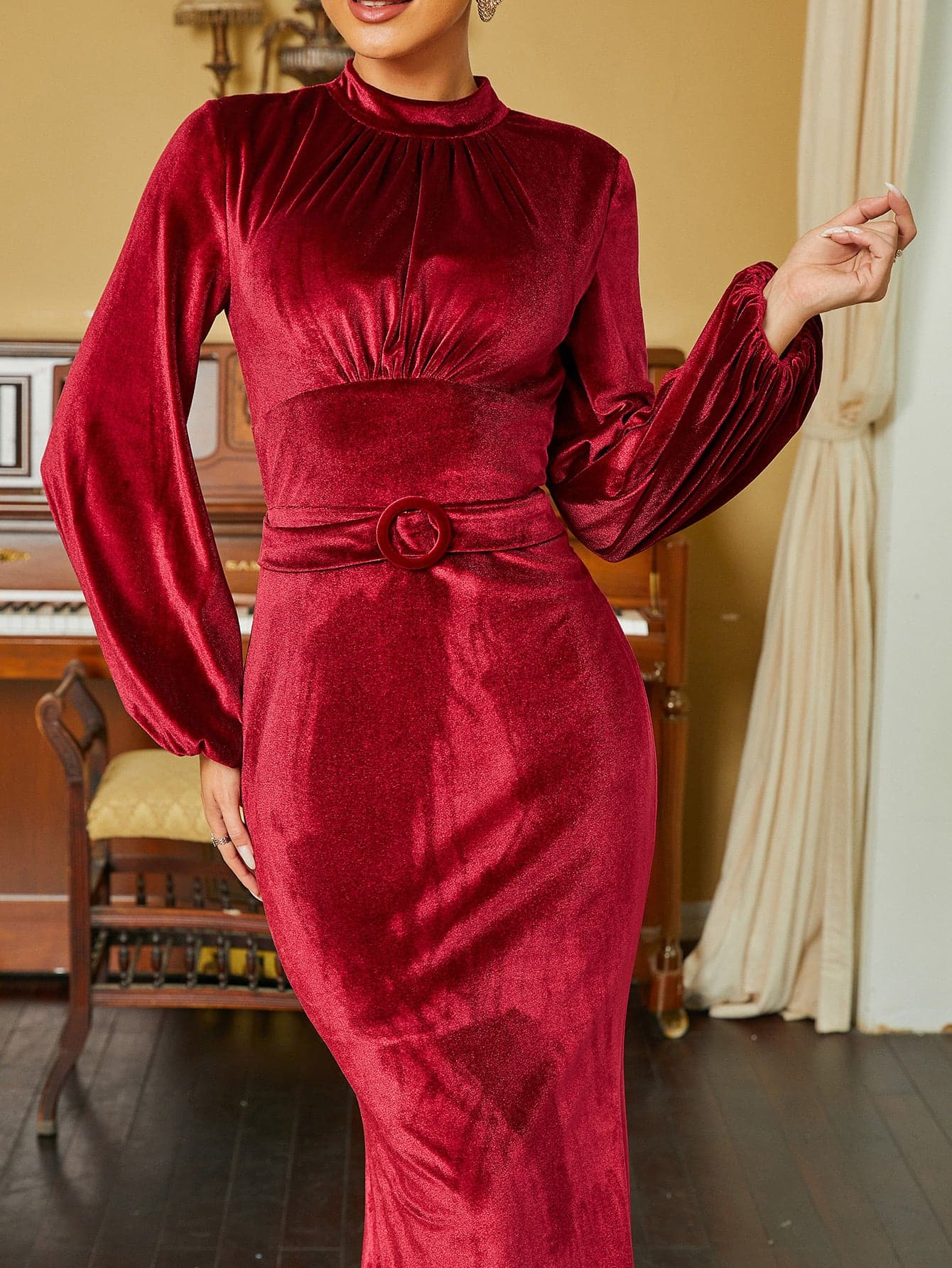 Mermaid Lantern Sleeve Wine Velvet Evening Dress RH30628