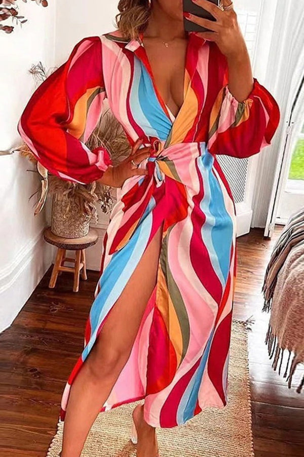 Love Many Ways Printed Tie-up Wrap Split Midi Shirt Dress