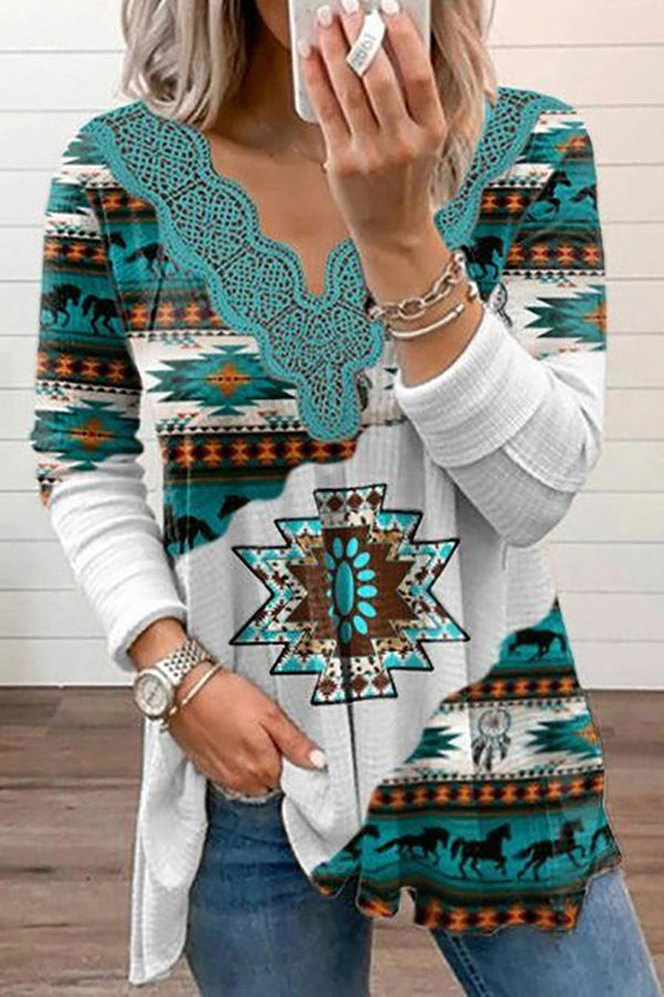 Mexican Past Hippie Ethnic Print Lace Trim Stretch T-shirt