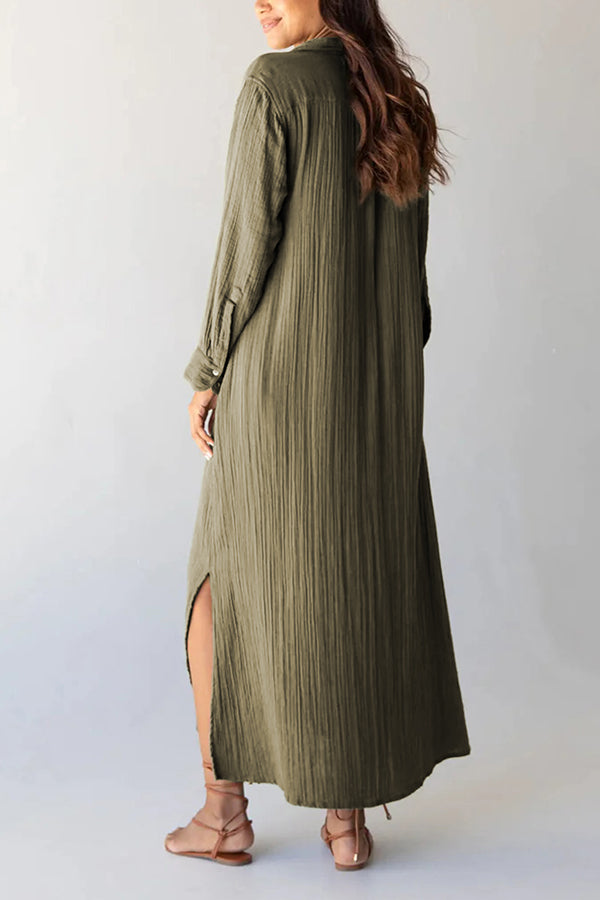 Green Crinkled Pocketed Side Slits Loose Maxi Dress