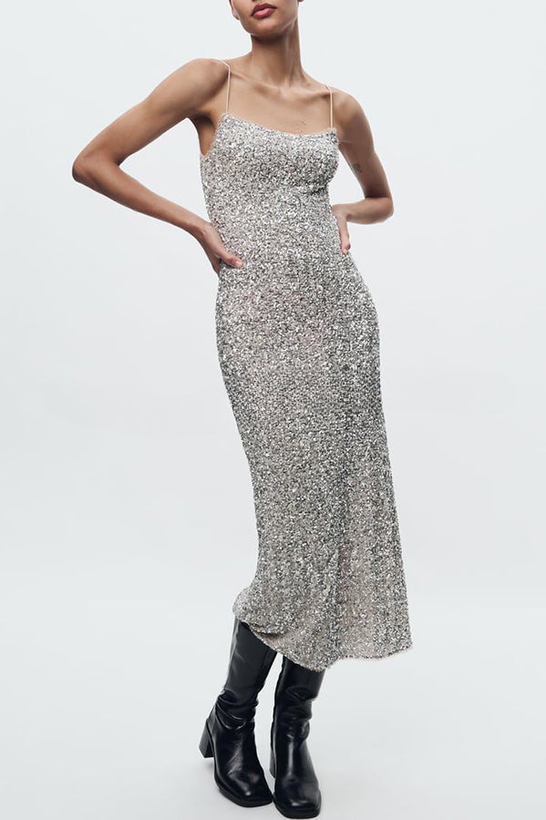 Celebration Time Sequin Slip Stretch Midi Dress