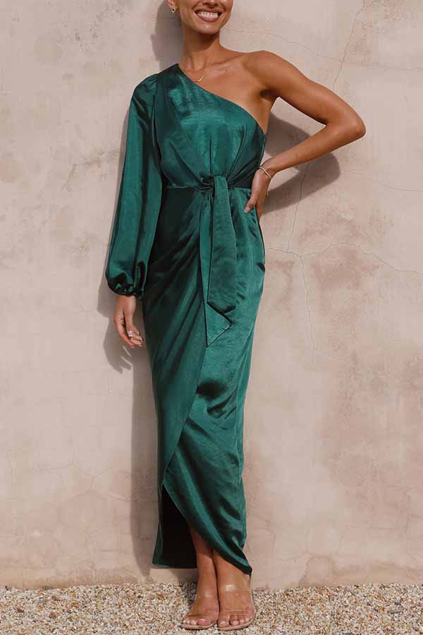 Endearing Romance Satin One Shoulder Front Tie Up Slit Maxi Dress