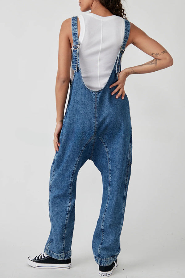 Pocket V Neck Suspender Denim Jumpsuit