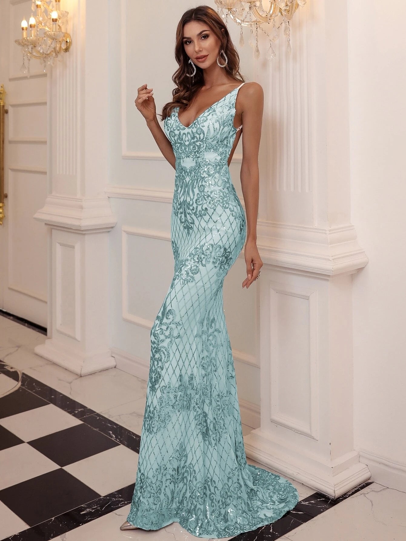 Glitter Mermaid Backless Spaghetti Evening Dress M0645