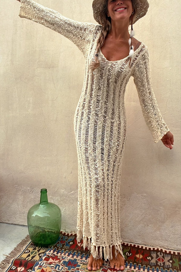 Somewhere Sunny Hollow Out Tassel Long Sleeve Knit Beach Maxi Dress