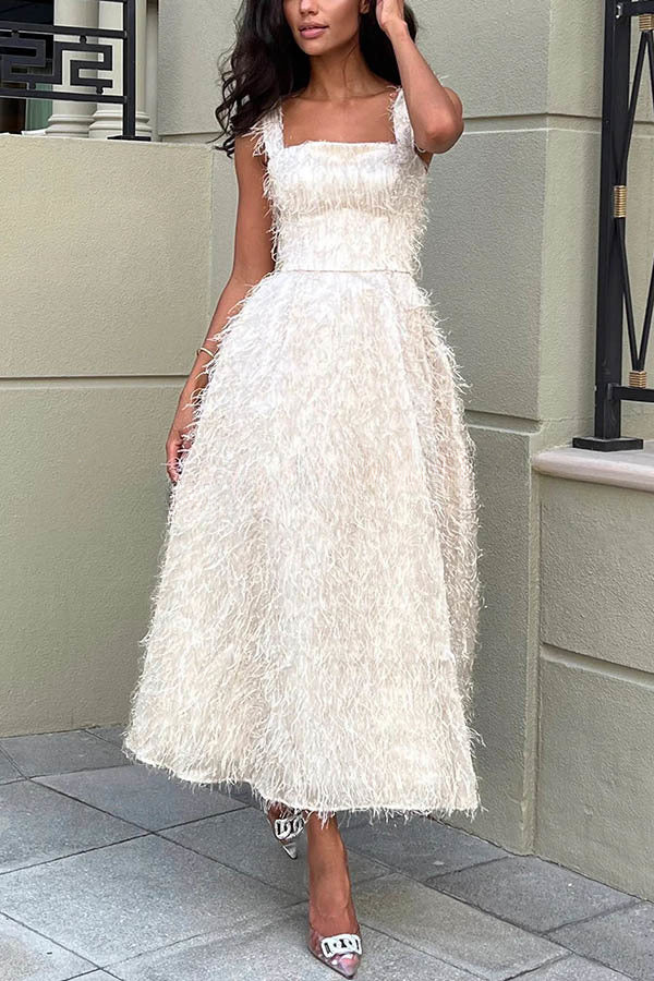 Fairy and Attractive Look Fluffy Tassel Fabric Square Neck Midi Dress