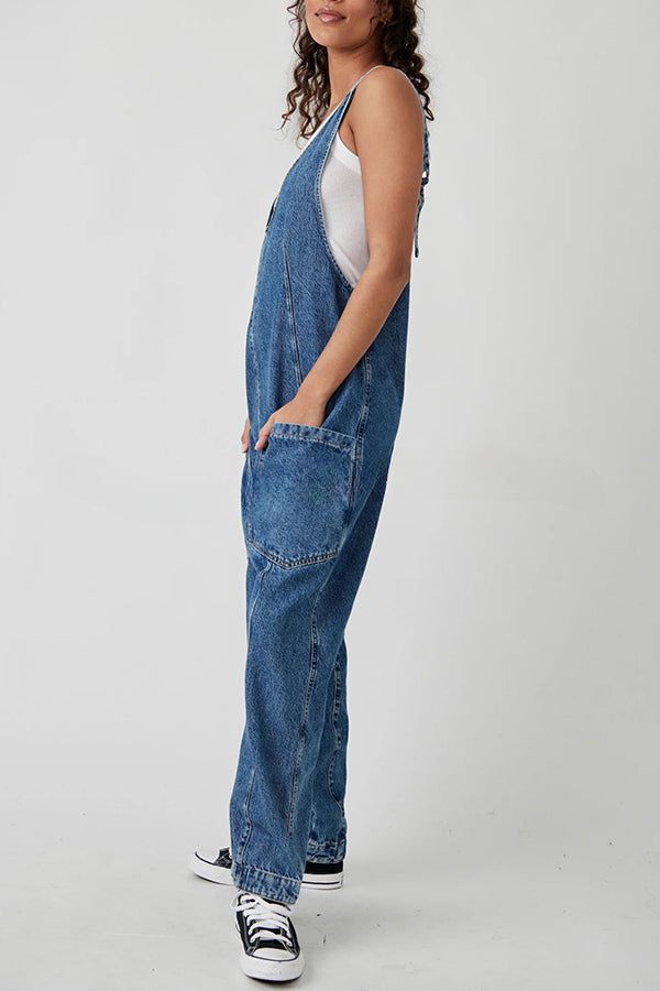 Pocket V Neck Suspender Denim Jumpsuit