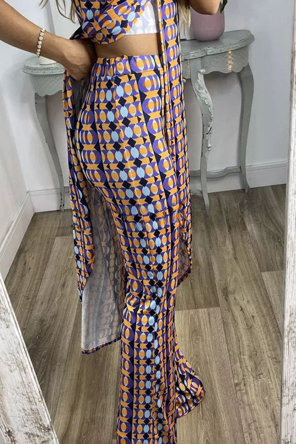 Talk about Charm Printed Front Split Midi Top and Stretch High Waist Flare Pants Set